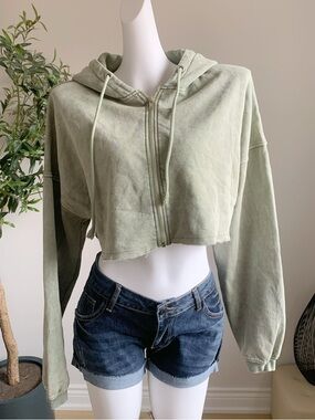 Fashion Nova Cropped Hoodie Sage Green Acid Wash Y2K M